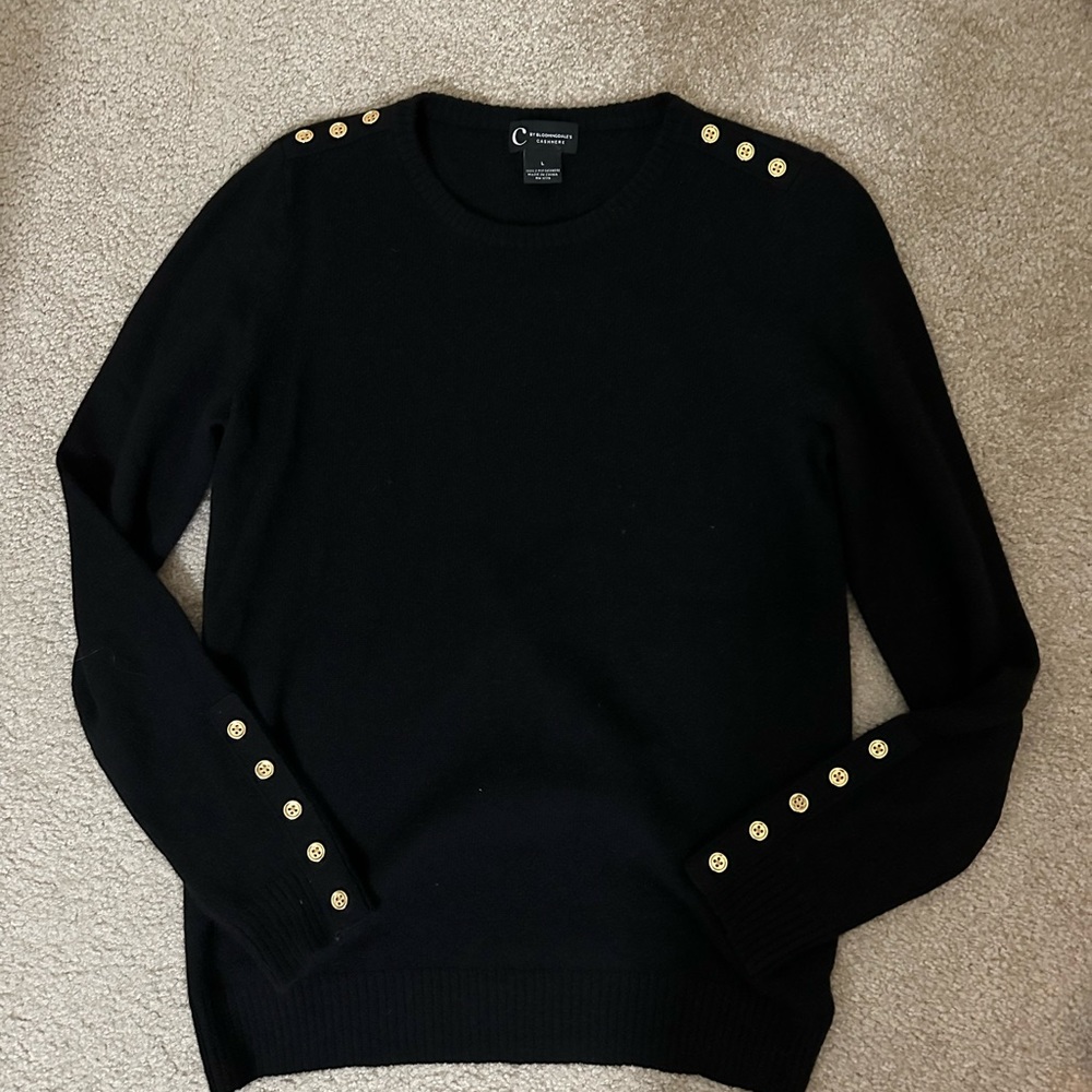 Bloomingdales Cashmere Sweater, black with gold buttons on shoulder